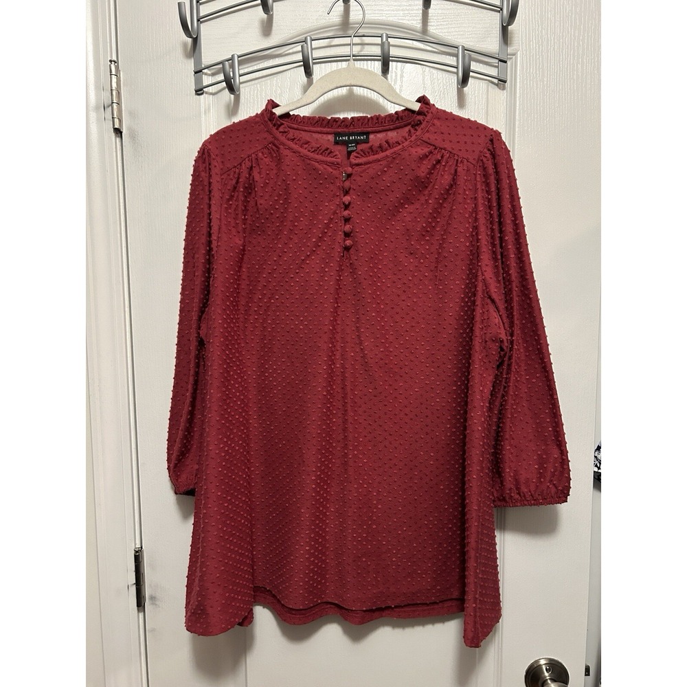 Lane Bryant Blouse Womens 18 20 Burgundy Swiss Dot Ruffle Collar 3/4 Sleeve